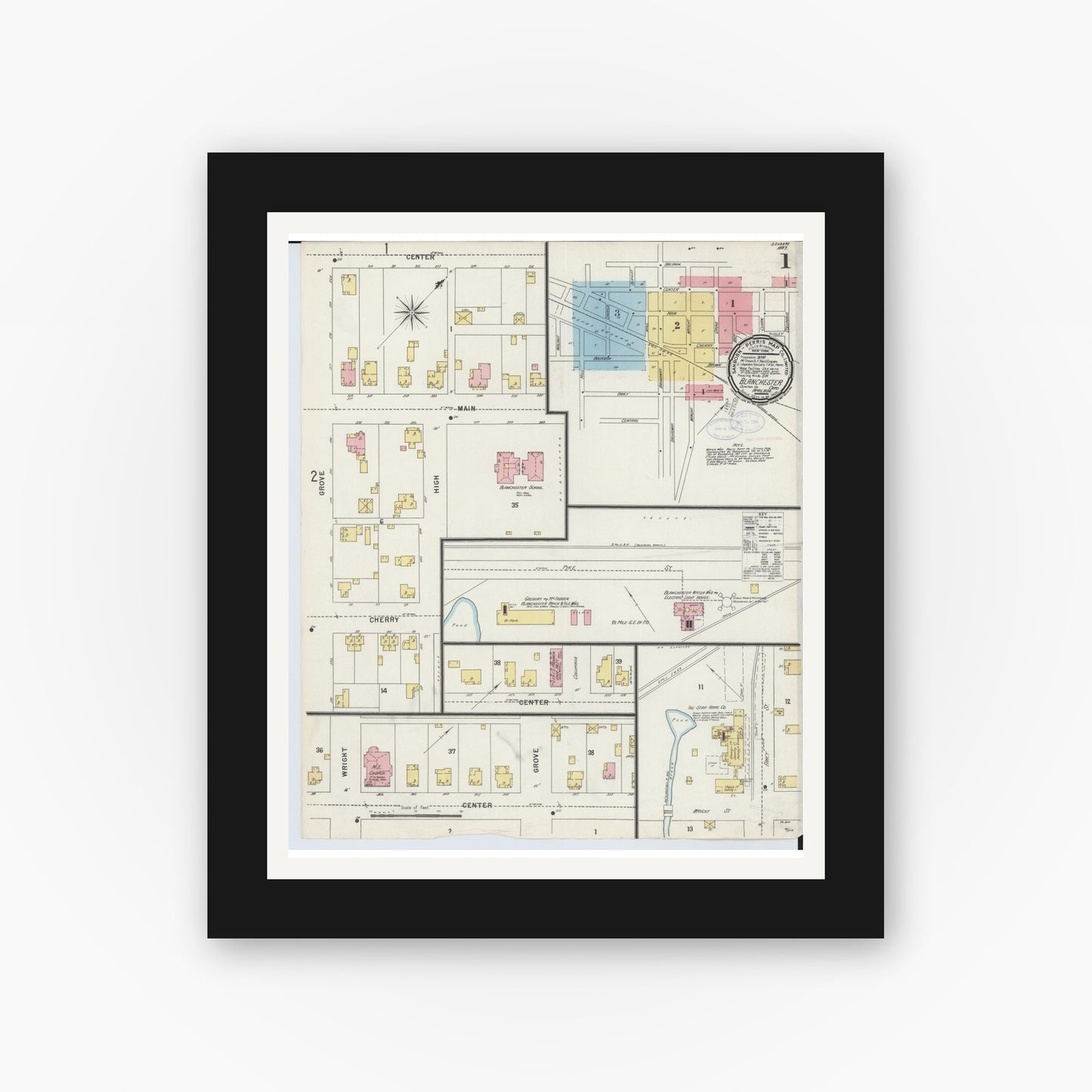 Old map wall art mockup — black gallery frame with white mat — Sanborn Fire Insurance Map from Blanchester, Clinton County, Ohio (1898), Sheet #0001