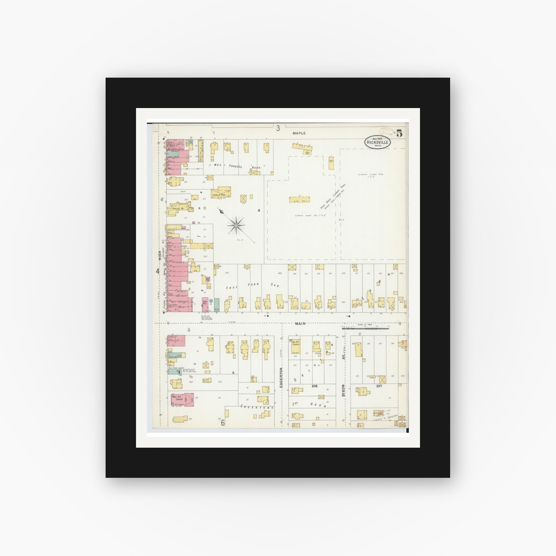 Old map wall art mockup — black gallery frame with white mat — Sanborn Fire Insurance Map from Hicksville, Defiance County, Ohio (1899), Sheet #0005