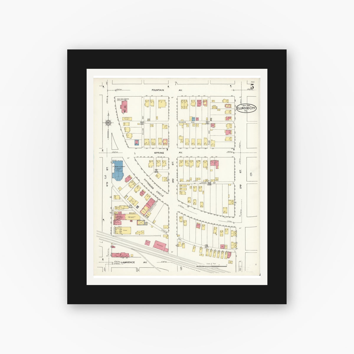 Old map wall art mockup — black gallery frame with white mat — Sanborn Fire Insurance Map from Ellwood City, Lawrence County, Pennsylvania (1921), Sheet #0005