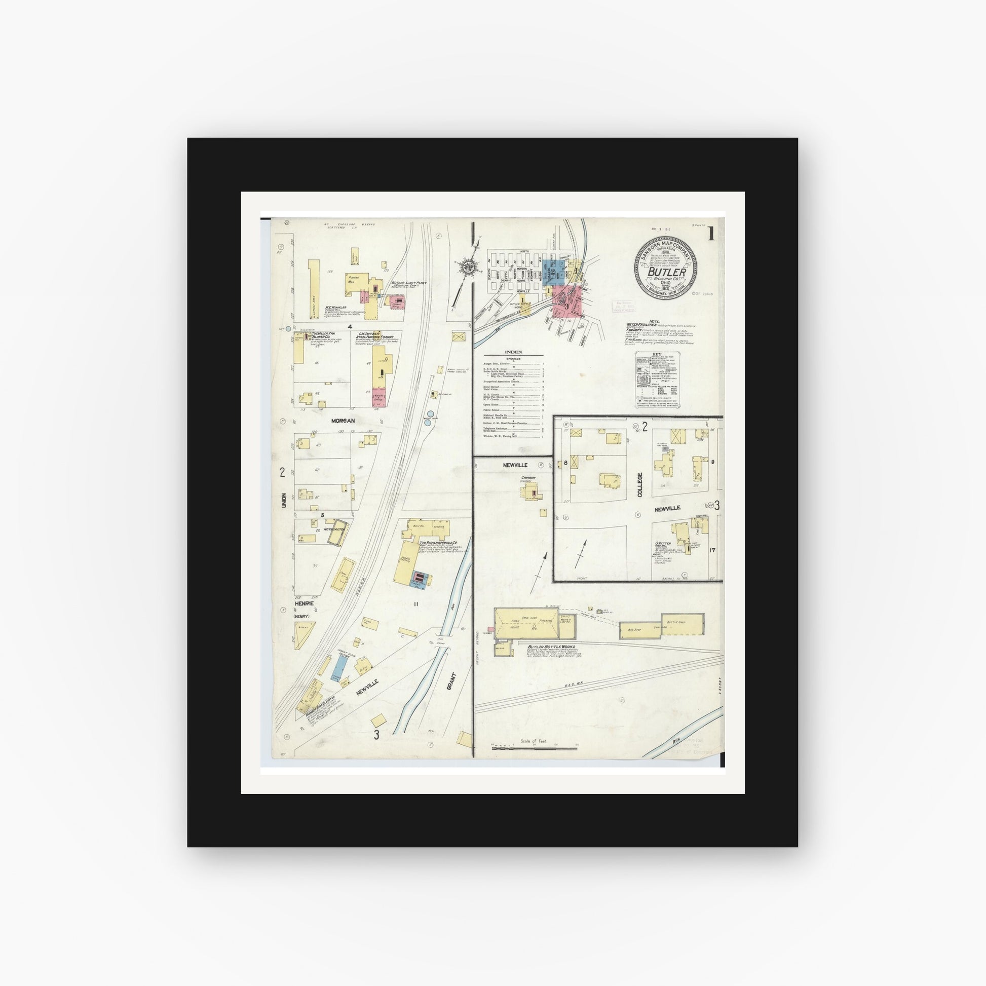 Old map wall art mockup — black gallery frame with white mat — Sanborn Fire Insurance Map from Butler, Richland County, Ohio (1912) - Complete Map Set