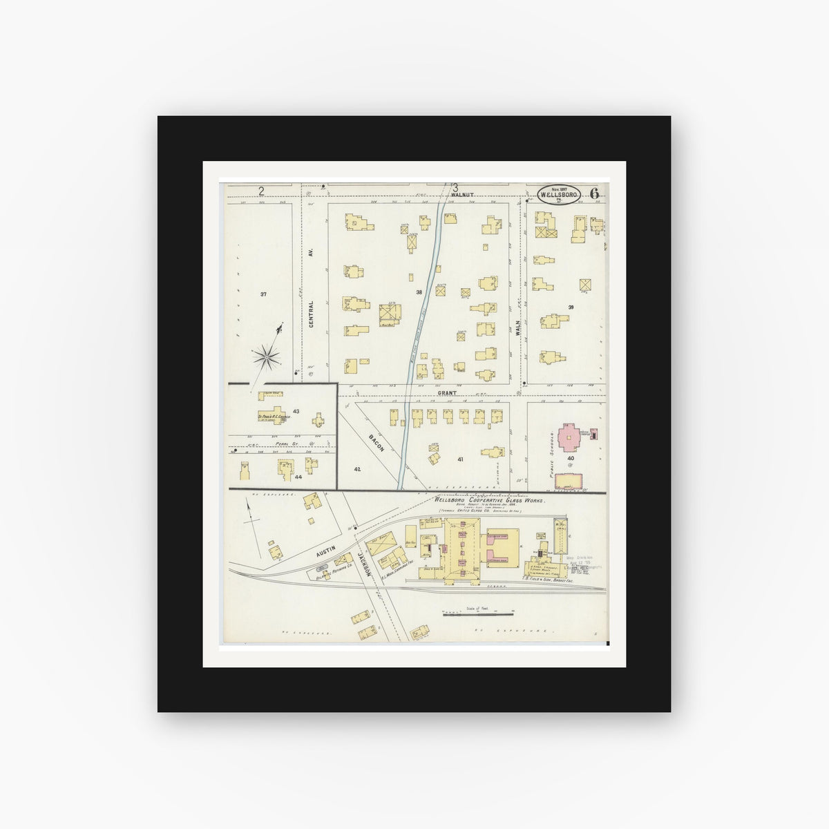 Old map wall art mockup — black gallery frame with white mat — Sanborn Fire Insurance Map from Wellsboro, Tioga County, Pennsylvania (1897), Sheet #0006