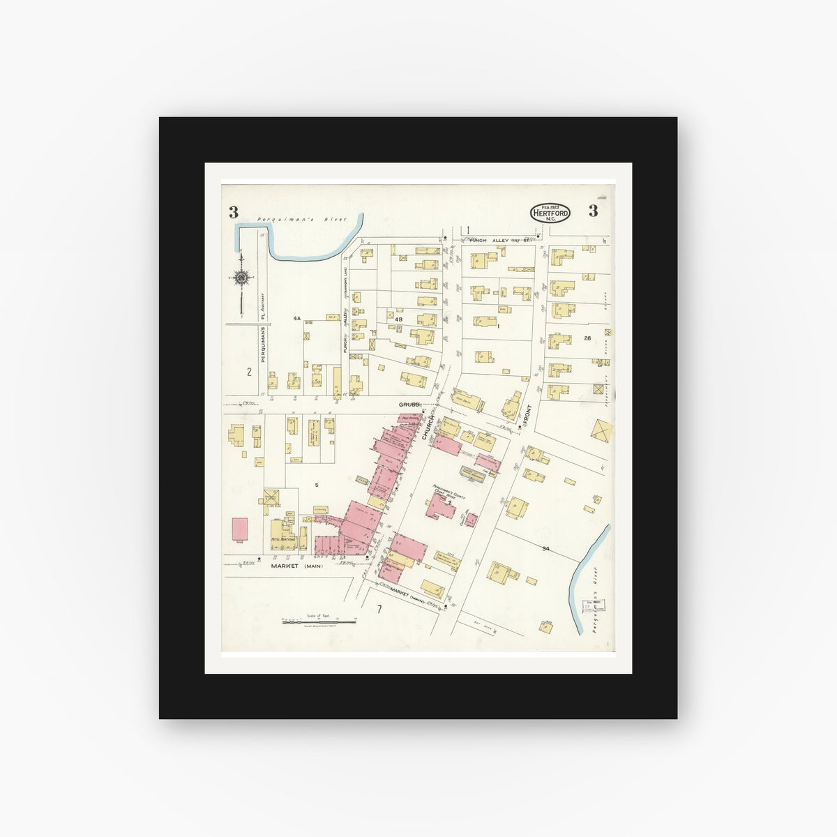 Old map wall art mockup — black gallery frame with white mat — Sanborn Fire Insurance Map from Hertford, Perquimans County, North Carolina (1923), Sheet #0003