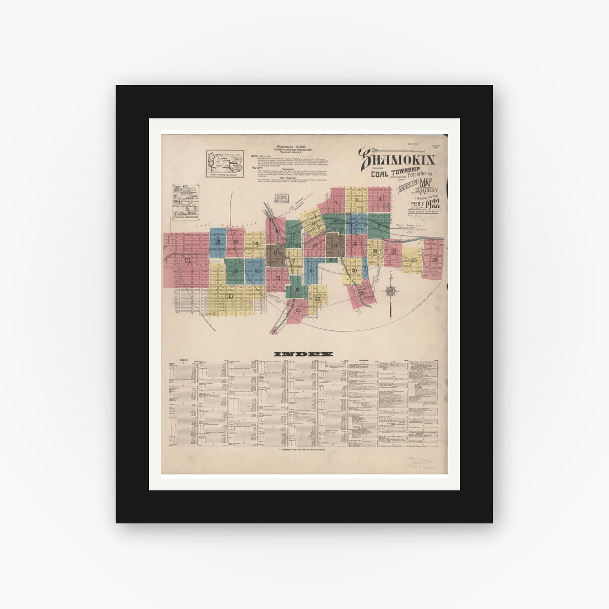 Old map wall art mockup — black gallery frame with white mat — Sanborn Fire Insurance Map from Shamokin, Northumberland County, Pennsylvania (1922) - Complete Map Set