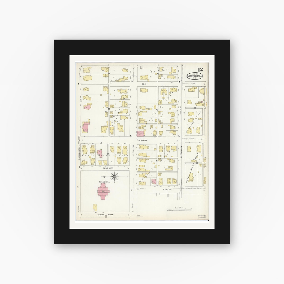 Old map wall art mockup — black gallery frame with white mat — Sanborn Fire Insurance Map from Crawfordsville, Montgomery County, Indiana (1907), Sheet #0012