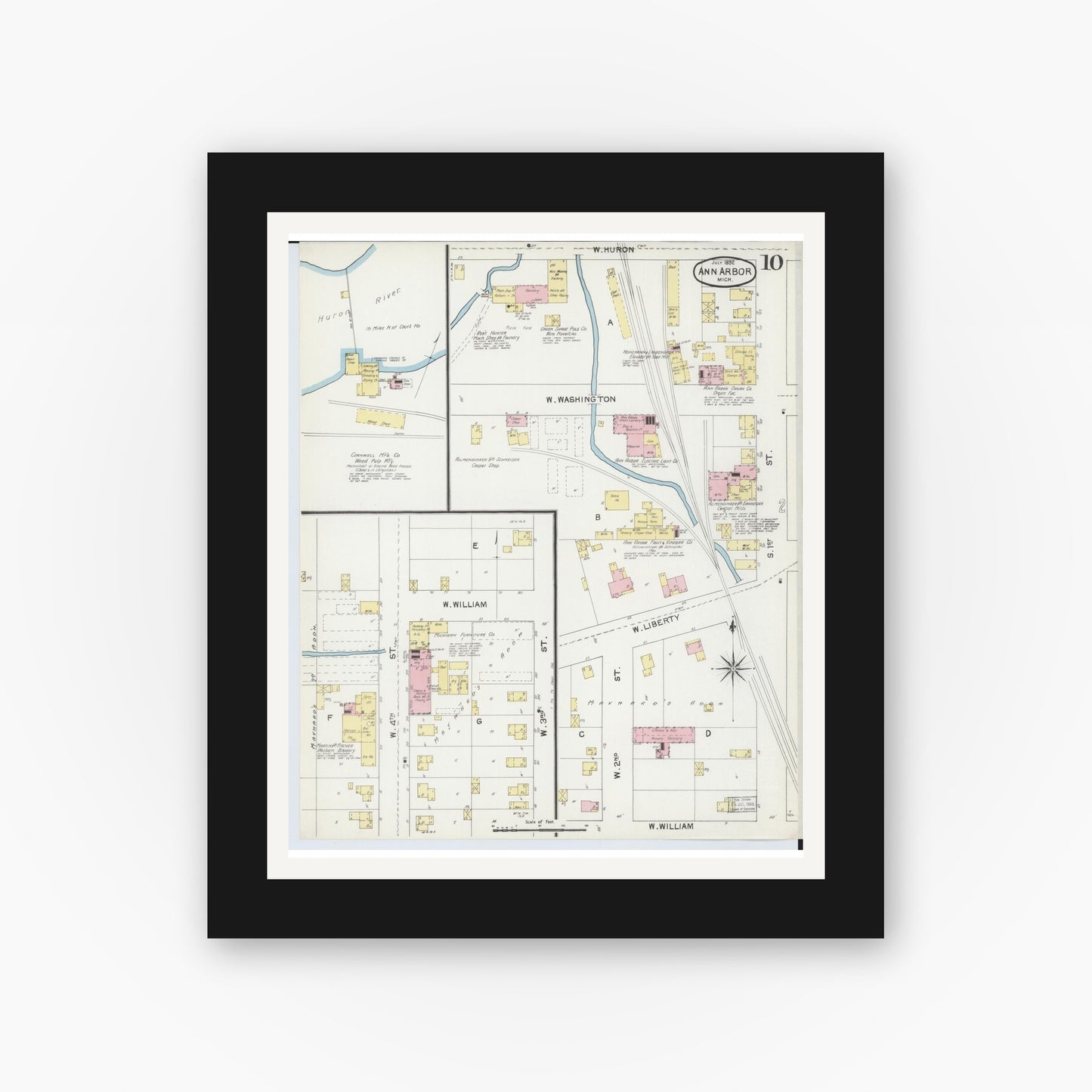 Old map wall art mockup — black gallery frame with white mat — Sanborn Fire Insurance Map from Ann Arbor, Washtenaw County, Michigan (1892), Sheet #0010