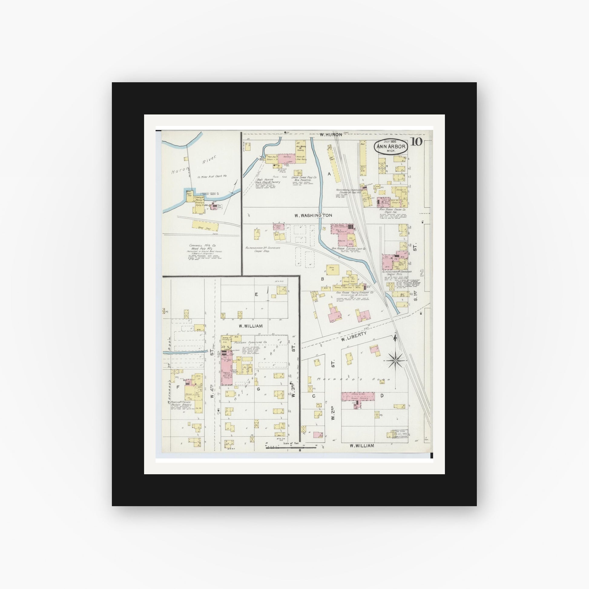 Old map wall art mockup — black gallery frame with white mat — Sanborn Fire Insurance Map from Ann Arbor, Washtenaw County, Michigan (1892), Sheet #0010