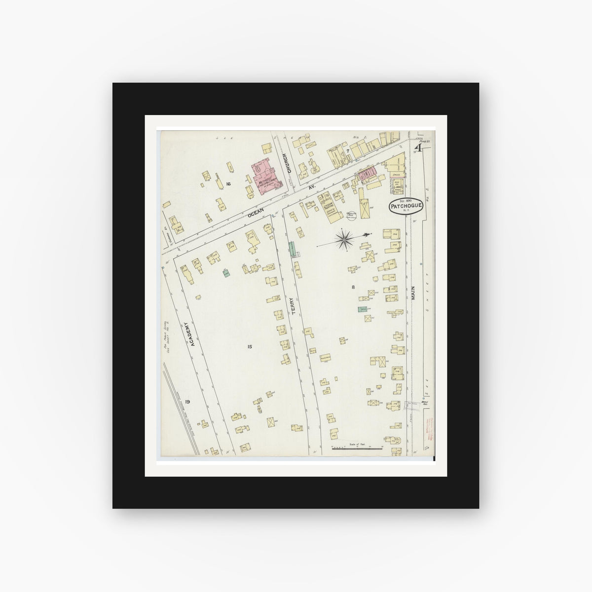 Old map wall art mockup — black gallery frame with white mat — Sanborn Fire Insurance Map from Patchogue, Suffolk County, New York (1891), Sheet #0004