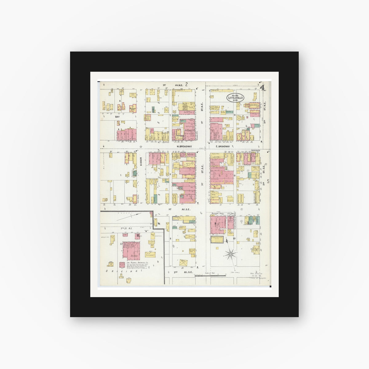 Old map wall art mockup — black gallery frame with white mat — Sanborn Fire Insurance Map from Little Falls, Morrison County, Minnesota (1902), Sheet #0004