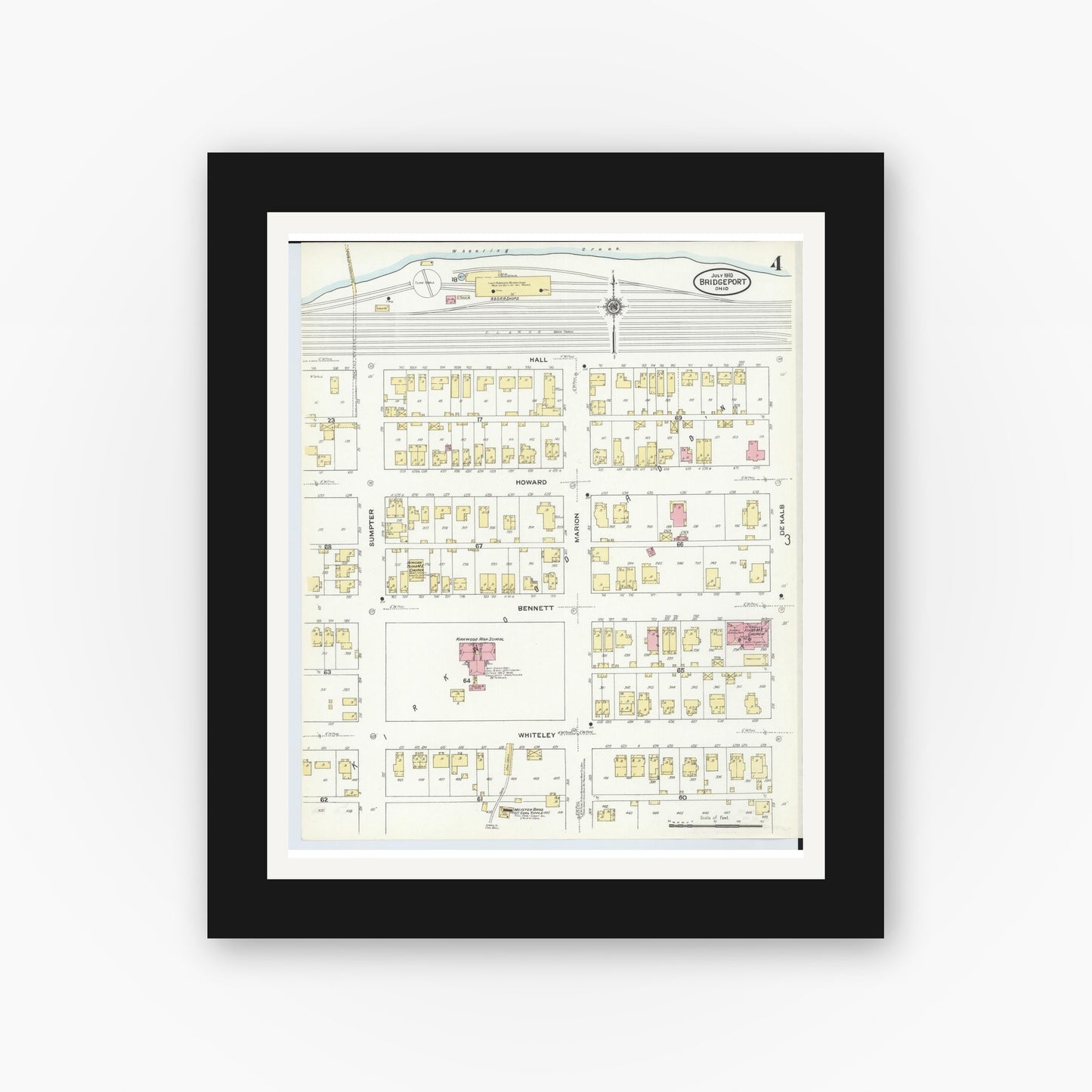 Old map wall art mockup — black gallery frame with white mat — Sanborn Fire Insurance Map from Bridgeport, Belmont County, Ohio (1910), Sheet #0004