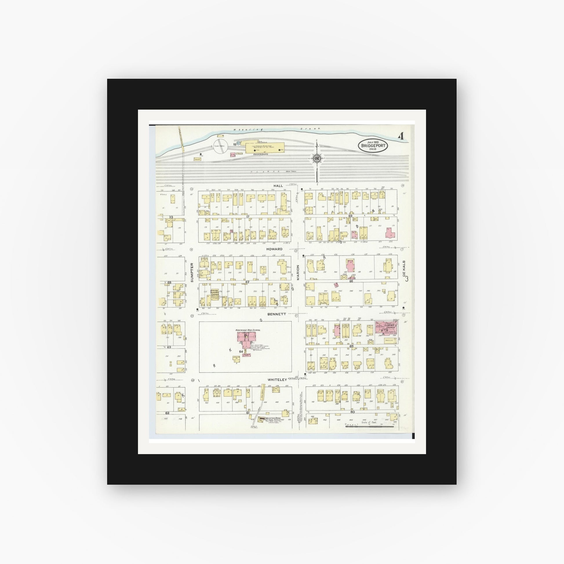 Old map wall art mockup — black gallery frame with white mat — Sanborn Fire Insurance Map from Bridgeport, Belmont County, Ohio (1910), Sheet #0004