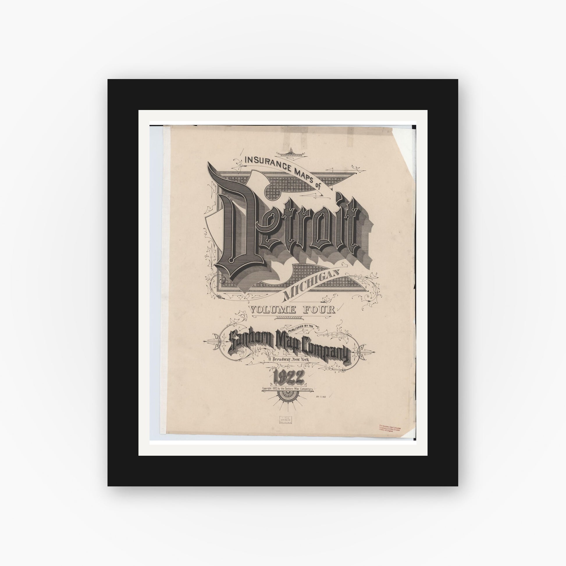 Old map wall art mockup — black gallery frame with white mat — Sanborn Fire Insurance Map from Detroit, Wayne County, Michigan (1922), Sheet #0001