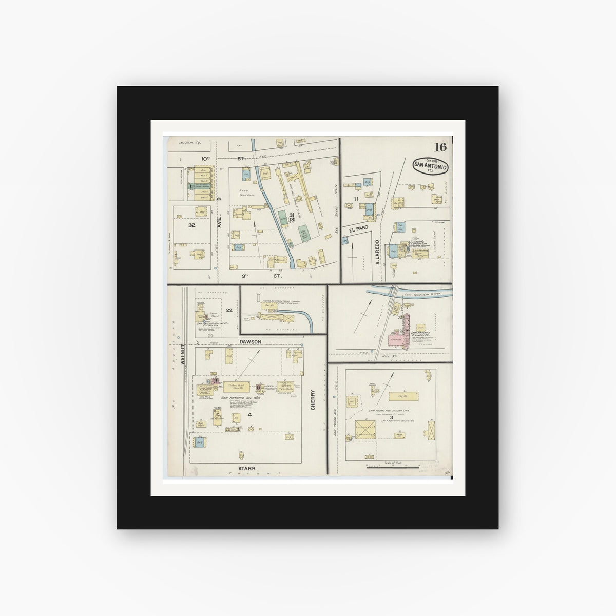 Old map wall art mockup — black gallery frame with white mat — Sanborn Fire Insurance Map from San Antonio, Bexar County, Texas (1888), Sheet #0016