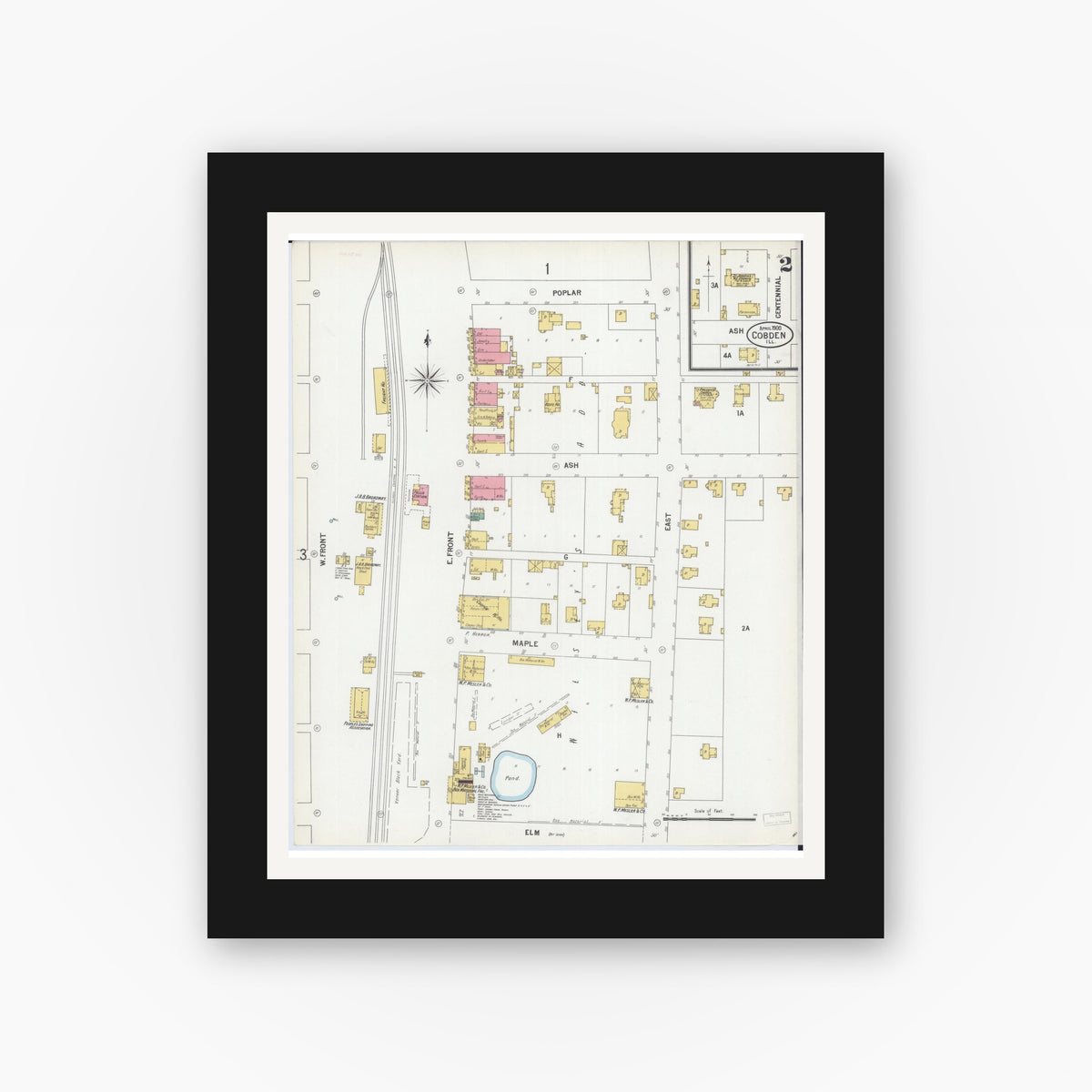 Old map wall art mockup — black gallery frame with white mat — Sanborn Fire Insurance Map from Cobden, Union County, Illinois (1900), Sheet #0002