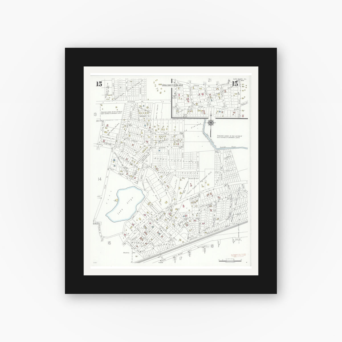 Old map wall art mockup — black gallery frame with white mat — Sanborn Fire Insurance Map from Glen Ellyn, Du Page County, Illinois (1940), Sheet #0015