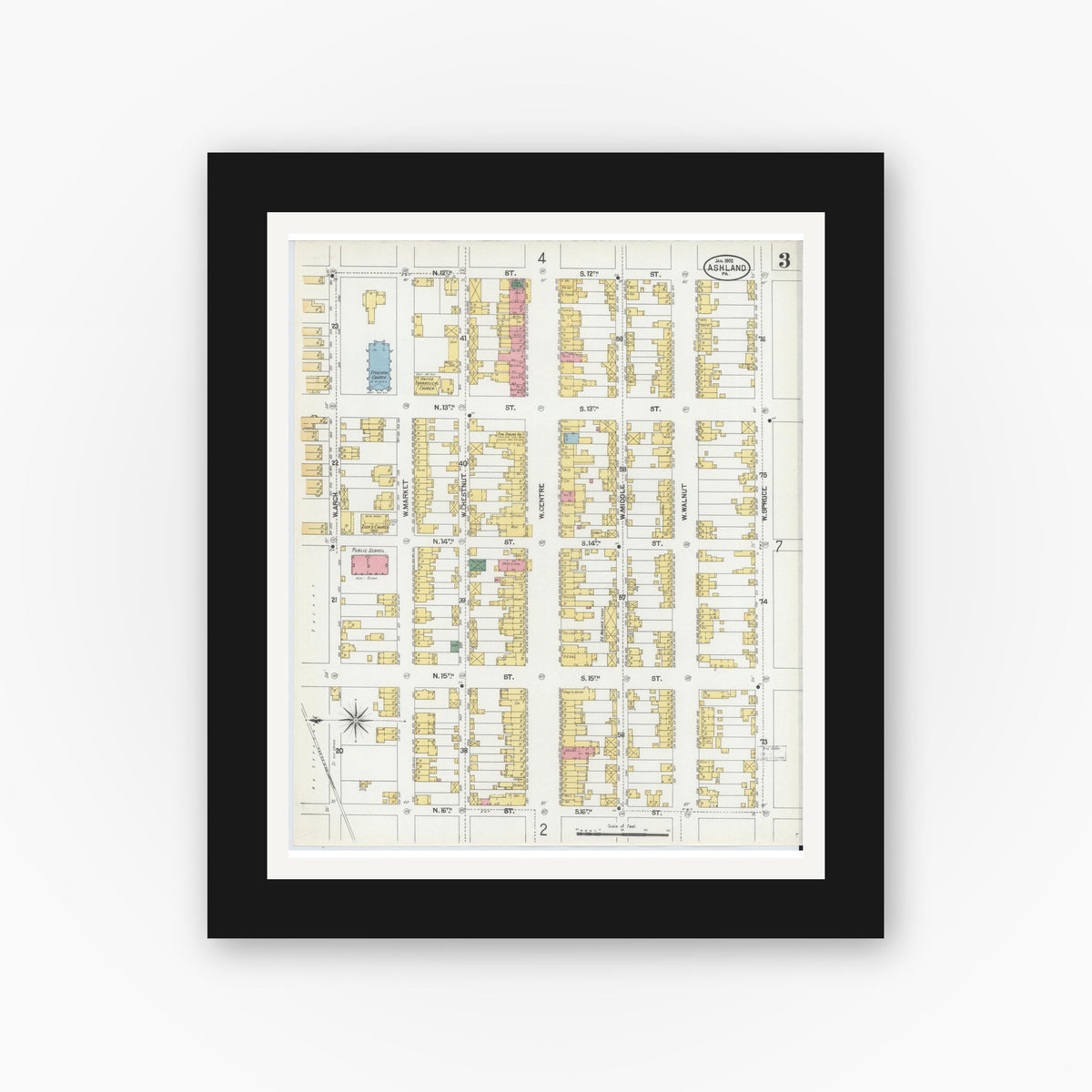 Old map wall art mockup — black gallery frame with white mat — Sanborn Fire Insurance Map from Ashland, Schuylkill County, Pennsylvania (1902), Sheet #0003