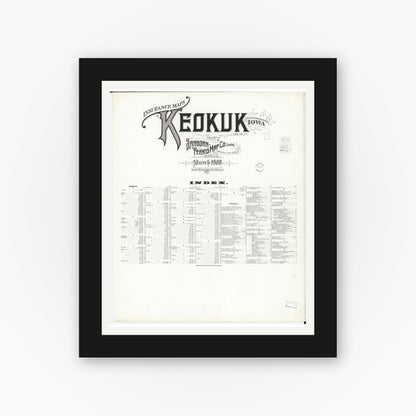Old map wall art mockup — black gallery frame with white mat — Sanborn Fire Insurance Map from Keokuk, Lee County, Iowa (1900), Sheet #0001