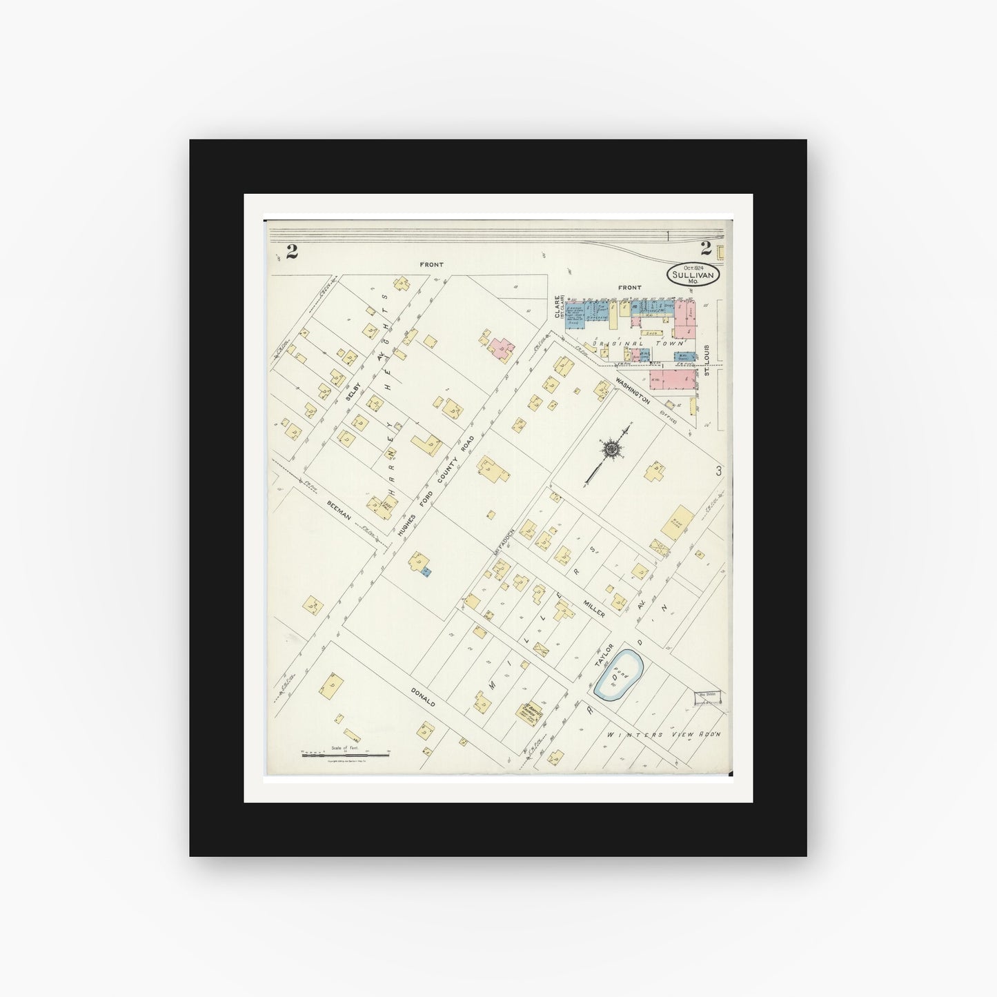 Old map wall art mockup — black gallery frame with white mat — Sanborn Fire Insurance Map from Sullivan, Franklin County, Missouri (1924), Sheet #0002
