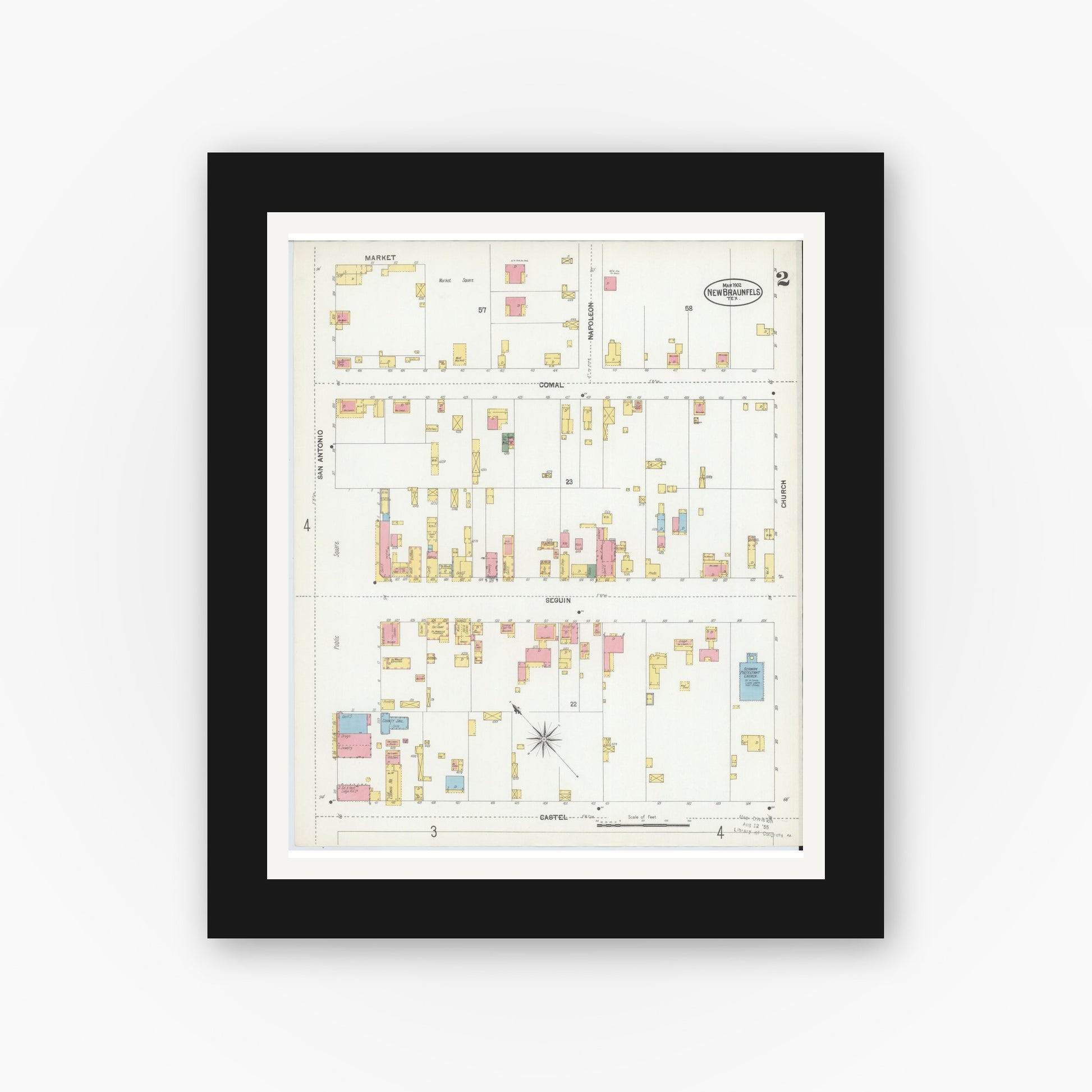 Old map wall art mockup — black gallery frame with white mat — Sanborn Fire Insurance Map from New Braunfels, Comal County, Texas (1902), Sheet #0002