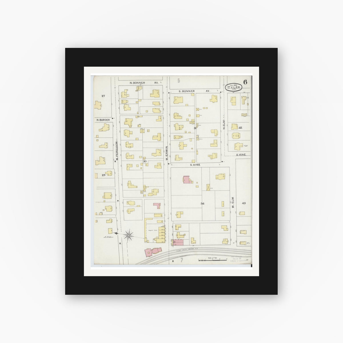 Old map wall art mockup — black gallery frame with white mat — Sanborn Fire Insurance Map from Tyler, Smith County, Texas (1893), Sheet #0006