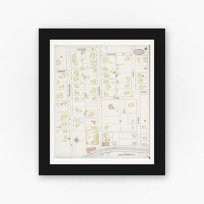 Old map wall art mockup — black gallery frame with white mat — Sanborn Fire Insurance Map from Tyler, Smith County, Texas (1893), Sheet #0006