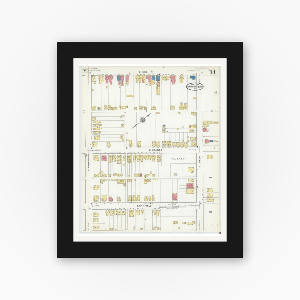 Old map wall art mockup — black gallery frame with white mat — Sanborn Fire Insurance Map from Shippensburg, Cumberland And Franklin Counties, Pennsylvania (1921), Sheet #0014