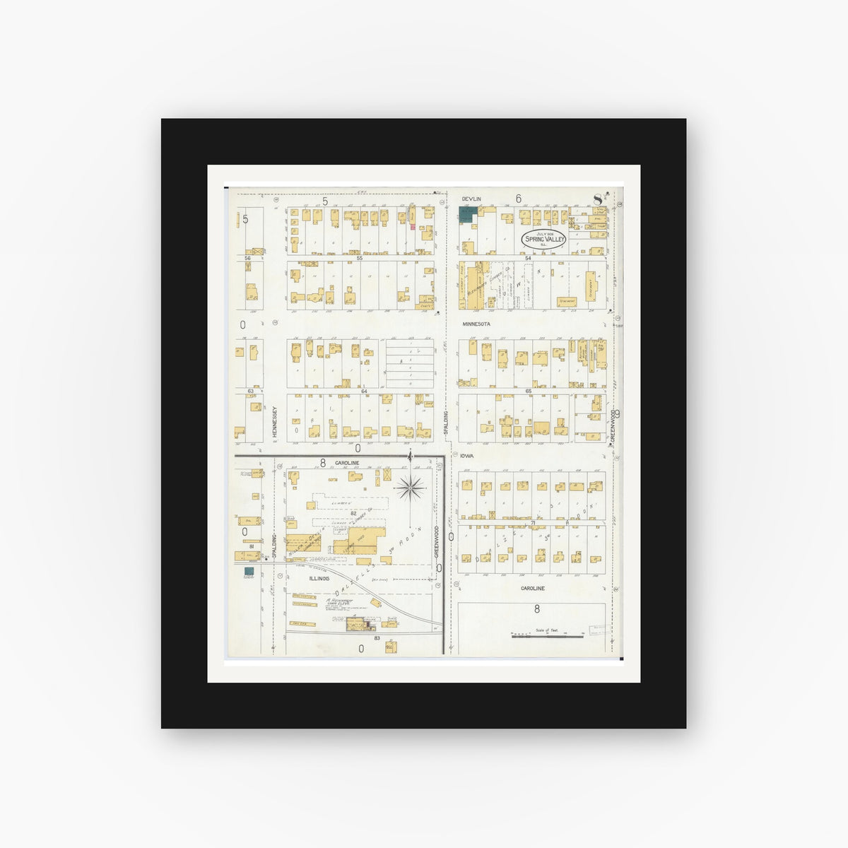 Old map wall art mockup — black gallery frame with white mat — Sanborn Fire Insurance Map from Spring Valley, Bureau County, Illinois (1906), Sheet #0008