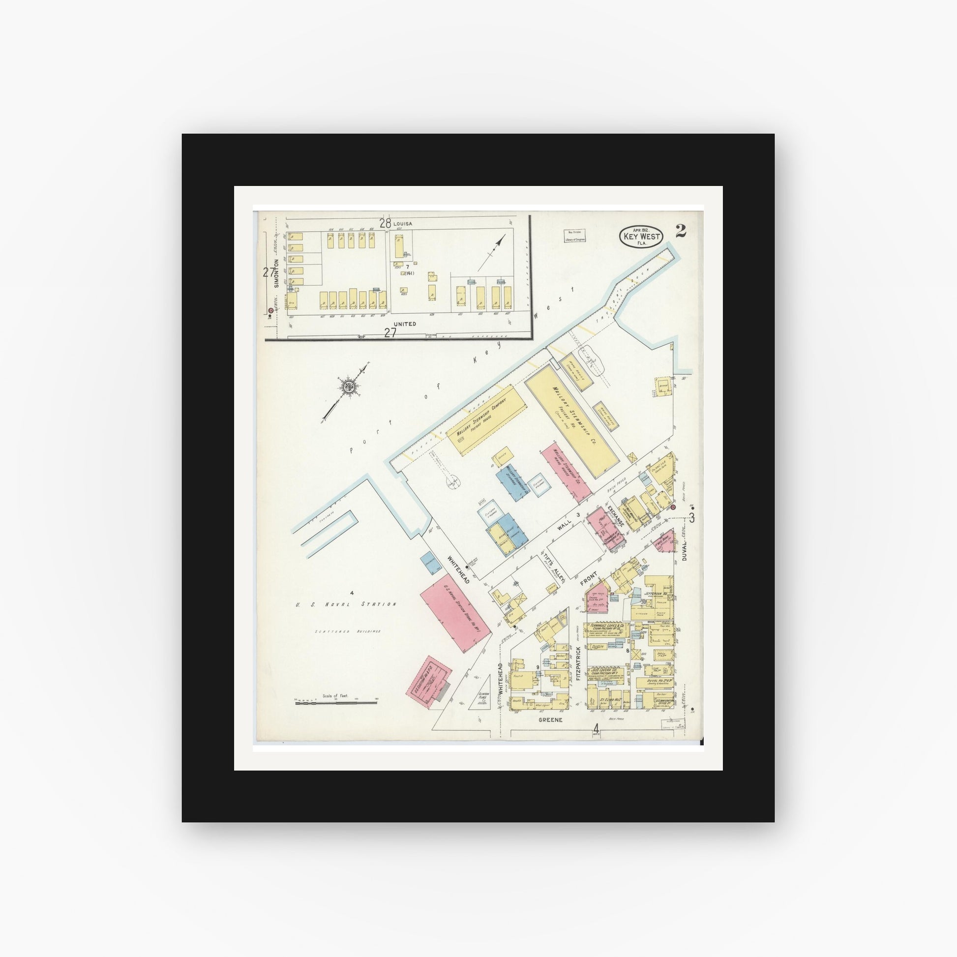 Old map wall art mockup — black gallery frame with white mat — Sanborn Fire Insurance Map from Key West, Monroe County, Florida (1912), Sheet #0002