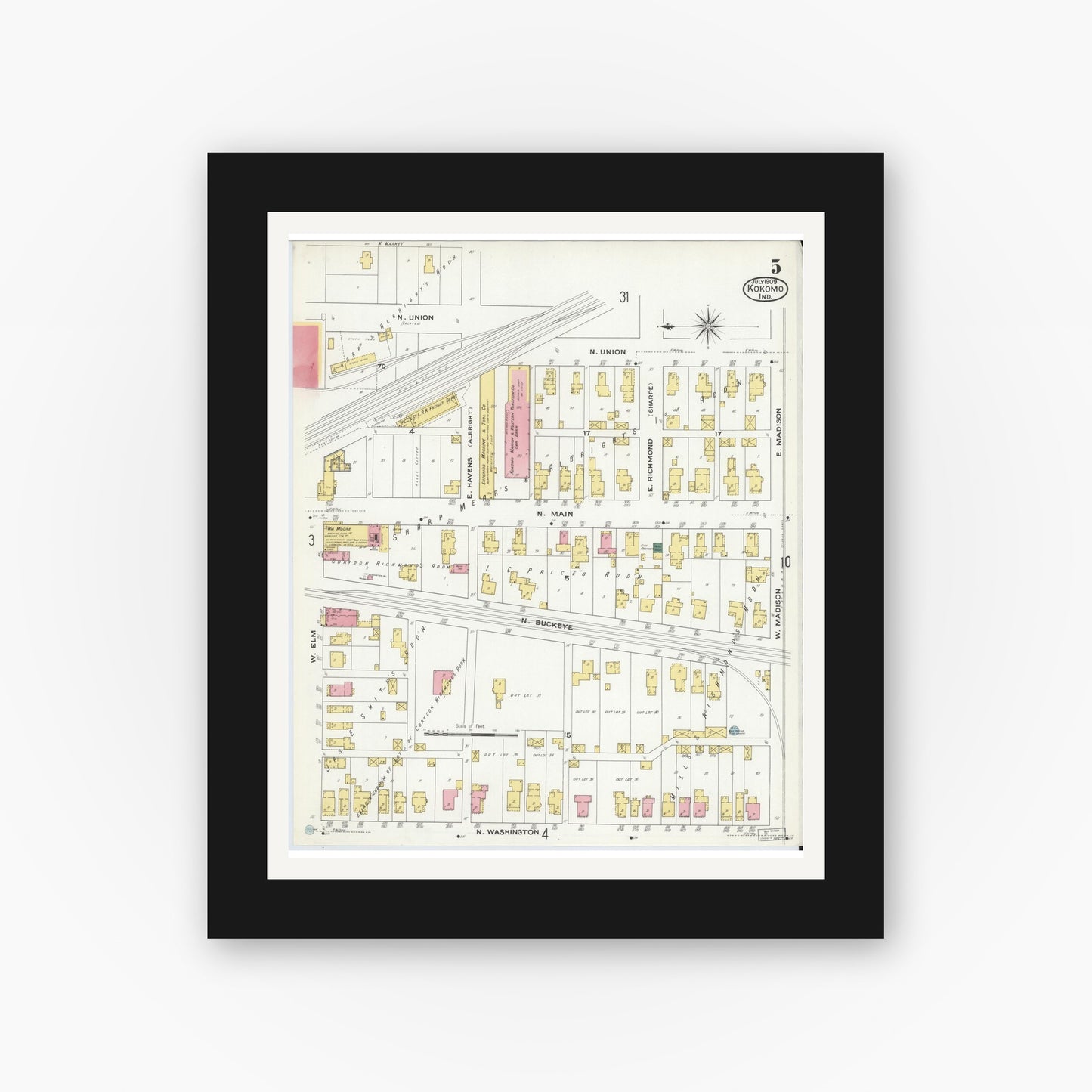 Old map wall art mockup — black gallery frame with white mat — Sanborn Fire Insurance Map from Kokomo, Howard County, Indiana (1909), Sheet #0005