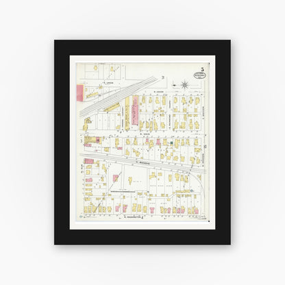 Old map wall art mockup — black gallery frame with white mat — Sanborn Fire Insurance Map from Kokomo, Howard County, Indiana (1909), Sheet #0005