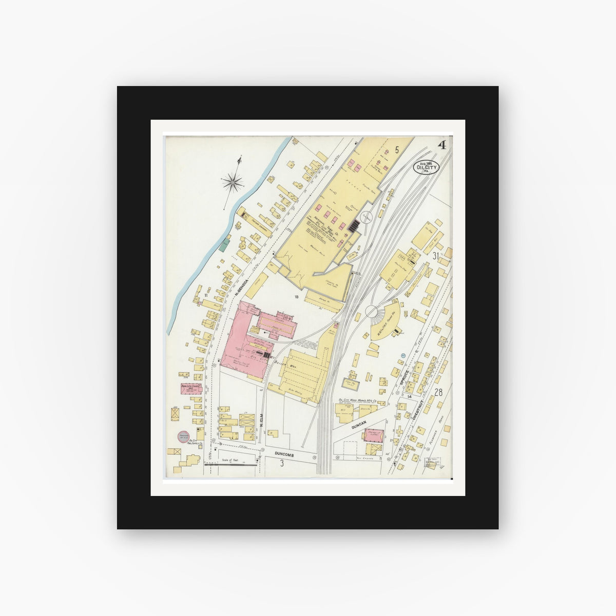 Old map wall art mockup — black gallery frame with white mat — Sanborn Fire Insurance Map from Oil City, Venango County, Pennsylvania (1906), Sheet #0004