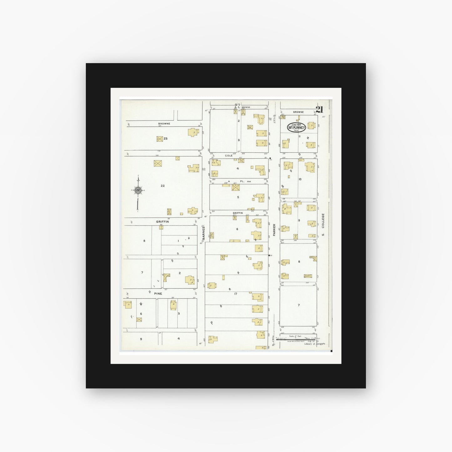 Old map wall art mockup — black gallery frame with white mat — Sanborn Fire Insurance Map from McKinney, Collin County, Texas (1920), Sheet #0021