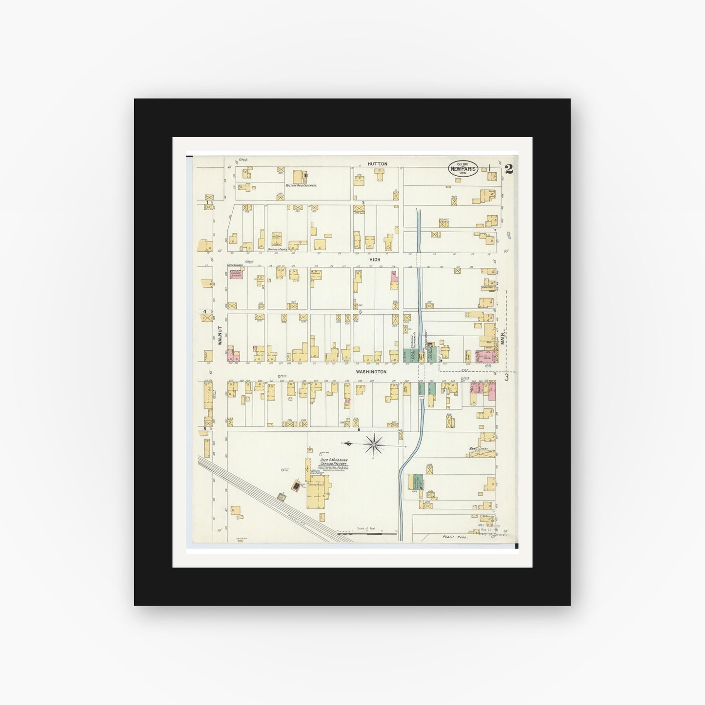 Old map wall art mockup — black gallery frame with white mat — Sanborn Fire Insurance Map from New Paris, Preble County, Ohio (1901), Sheet #0002