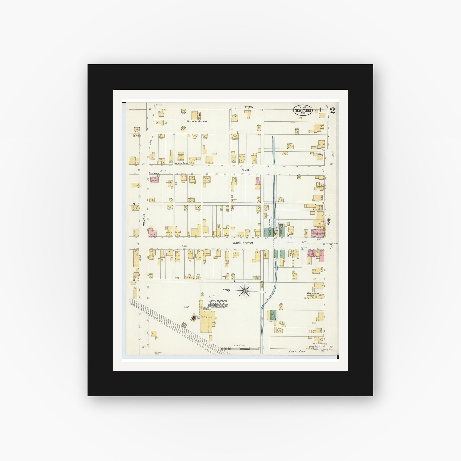 Old map wall art mockup — black gallery frame with white mat — Sanborn Fire Insurance Map from New Paris, Preble County, Ohio (1901), Sheet #0002