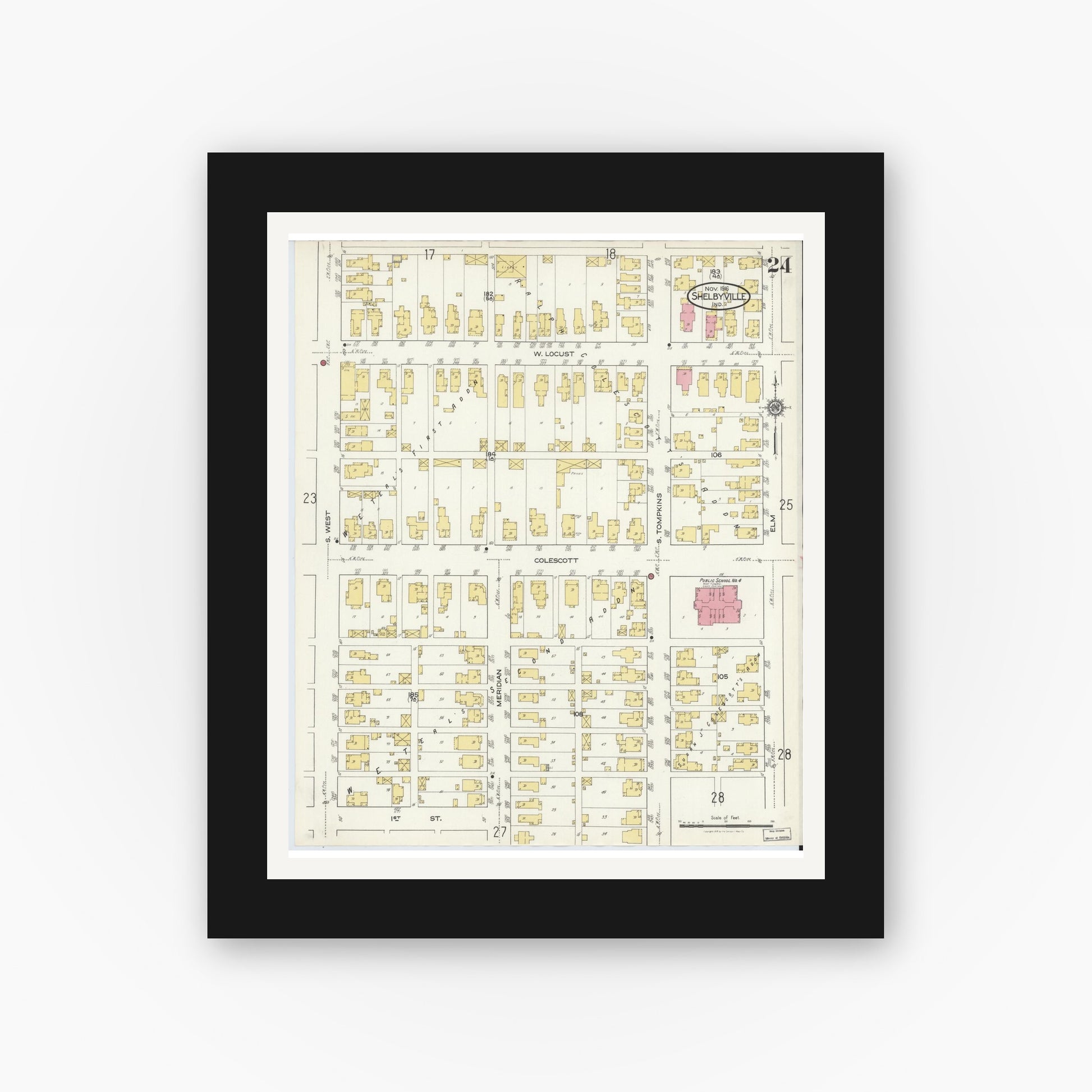 Old map wall art mockup — black gallery frame with white mat — Sanborn Fire Insurance Map from Shelbyville, Shelby County, Indiana (1916), Sheet #0024