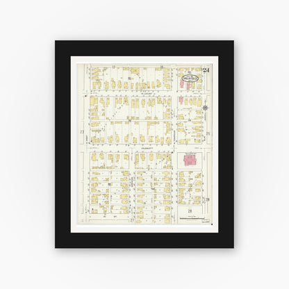 Old map wall art mockup — black gallery frame with white mat — Sanborn Fire Insurance Map from Shelbyville, Shelby County, Indiana (1916), Sheet #0024