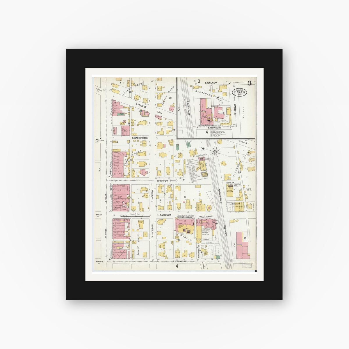 Old map wall art mockup — black gallery frame with white mat — Sanborn Fire Insurance Map from Brazil, Clay County, Indiana (1902), Sheet #0003