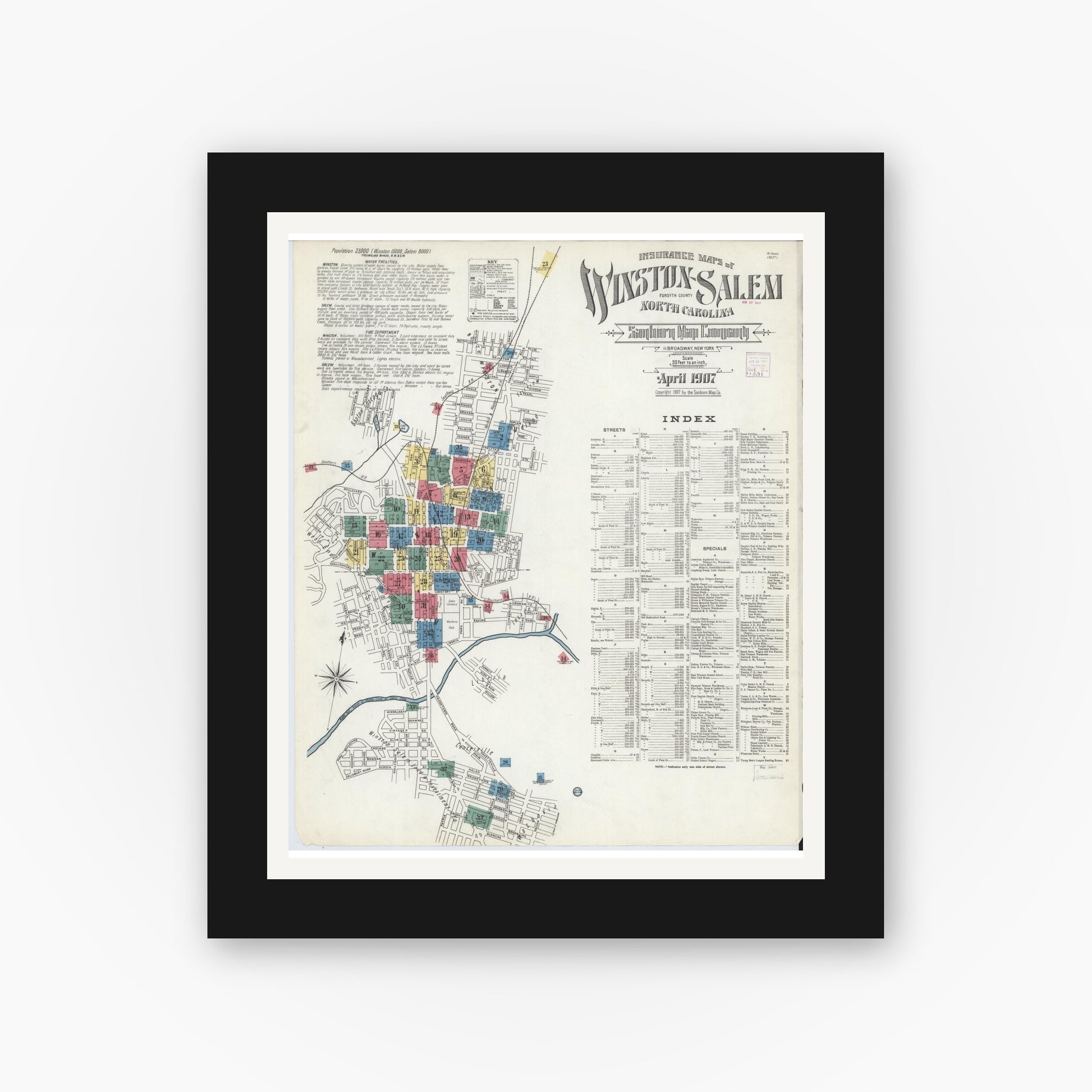 Old map wall art mockup — black gallery frame with white mat — Sanborn Fire Insurance Map from Winston-Salem, Forsyth County, North Carolina (1907), Sheet #0001