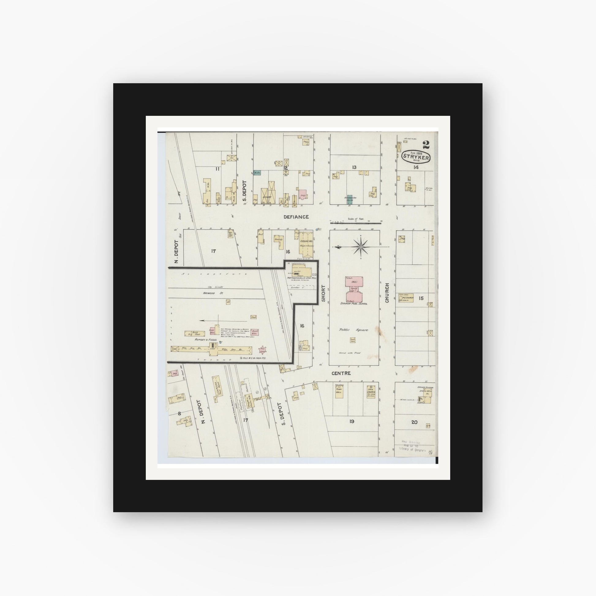 Old map wall art mockup — black gallery frame with white mat — Sanborn Fire Insurance Map from Stryker, Williams County, Ohio (1888), Sheet #0002