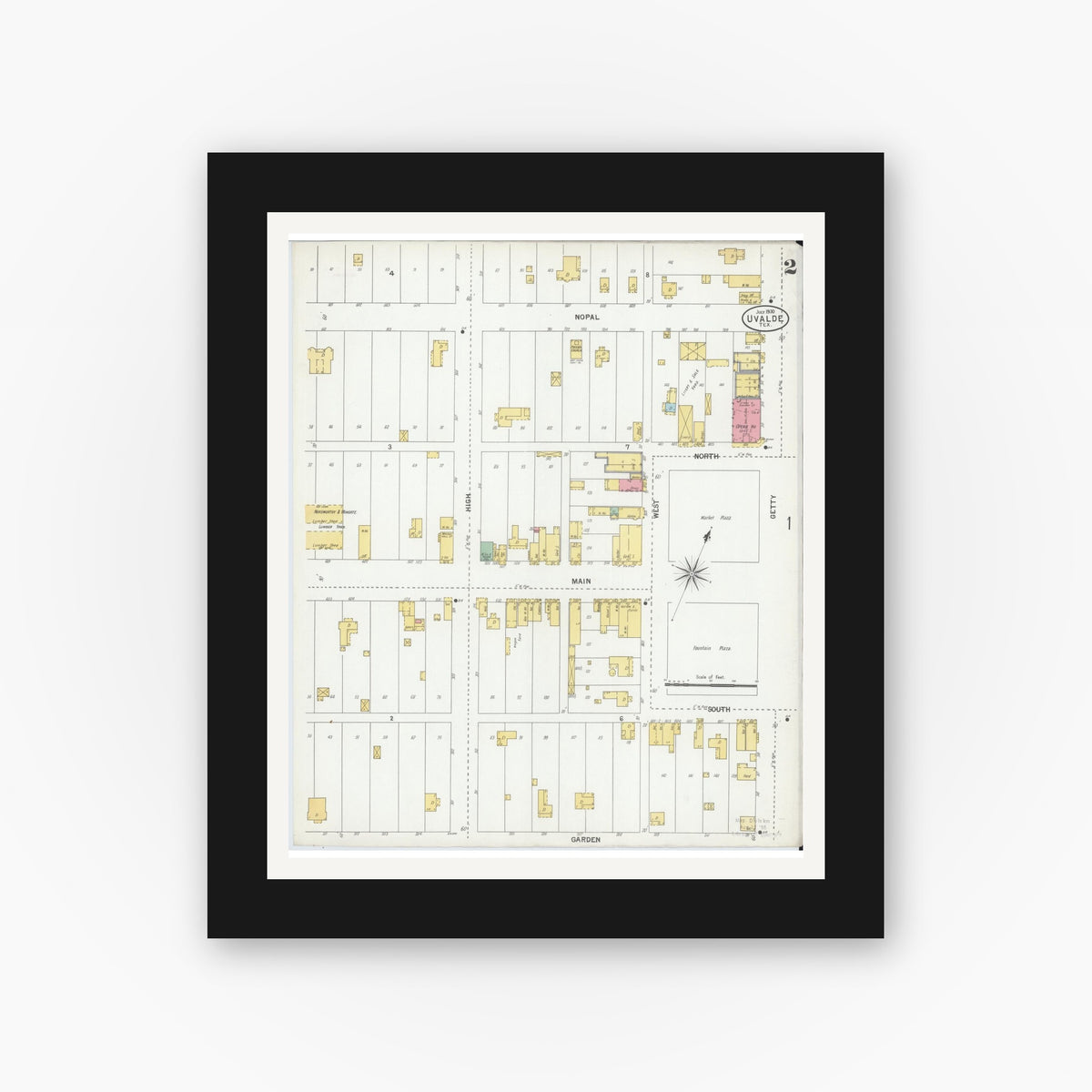 Old map wall art mockup — black gallery frame with white mat — Sanborn Fire Insurance Map from Uvalde, Uvalde County, Texas (1900), Sheet #0002