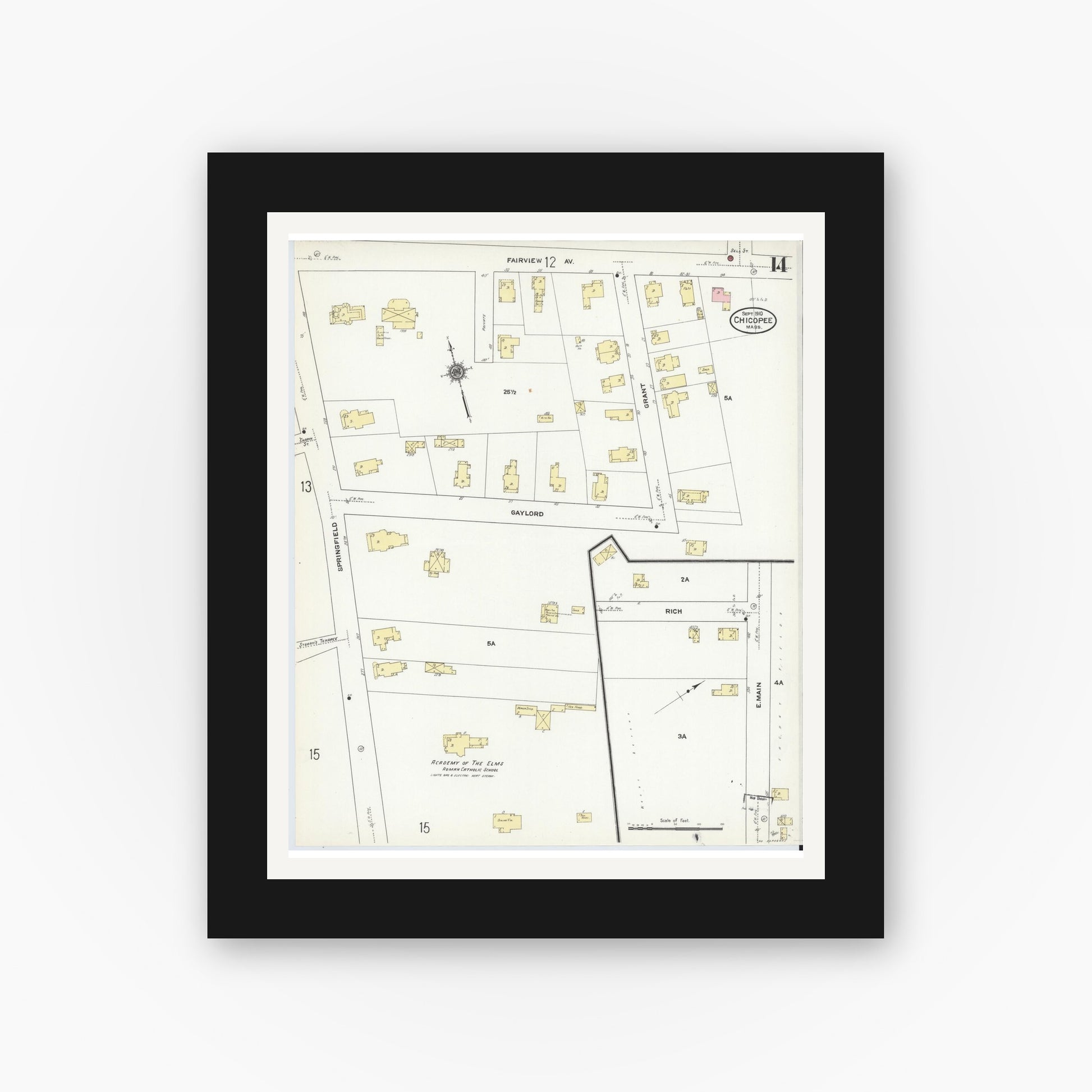 Old map wall art mockup — black gallery frame with white mat — Sanborn Fire Insurance Map from Chicopee, Hampden County, Massachusetts (1910), Sheet #0014