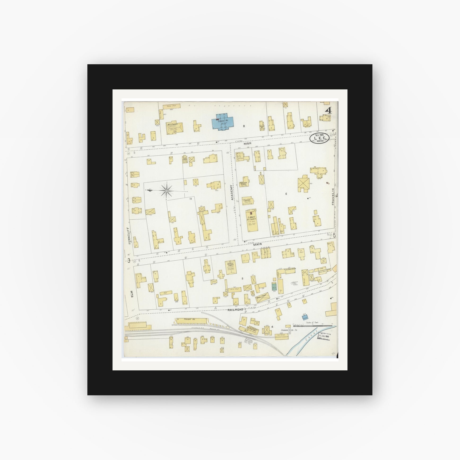 Old map wall art mockup — black gallery frame with white mat — Sanborn Fire Insurance Map from Lee, Berkshire County, Massachusetts (1905), Sheet #0004