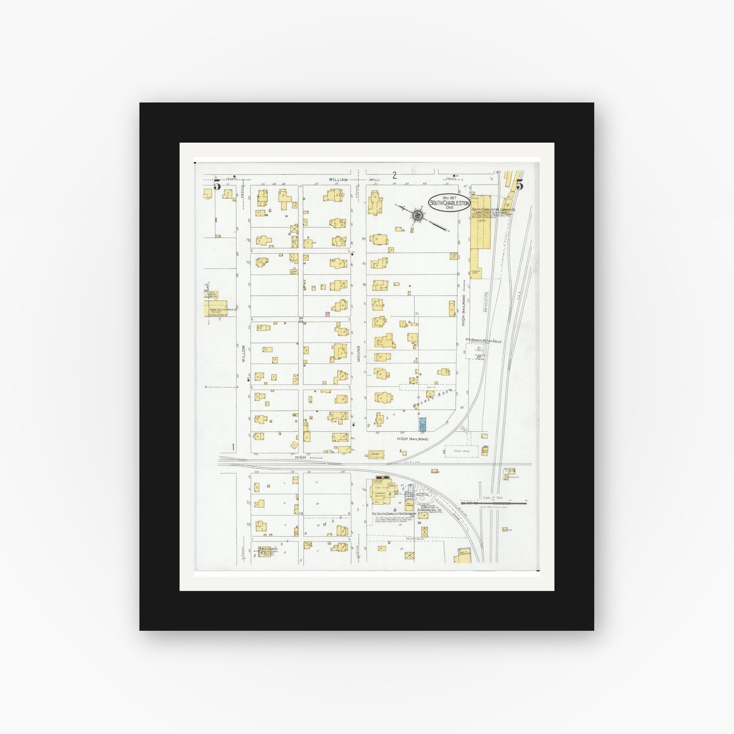 Old map wall art mockup — black gallery frame with white mat — Sanborn Fire Insurance Map from South Charleston, Clark County, Ohio (1927), Sheet #0005