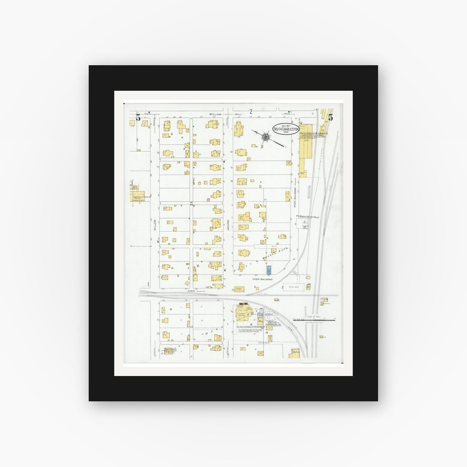 Old map wall art mockup — black gallery frame with white mat — Sanborn Fire Insurance Map from South Charleston, Clark County, Ohio (1927), Sheet #0005