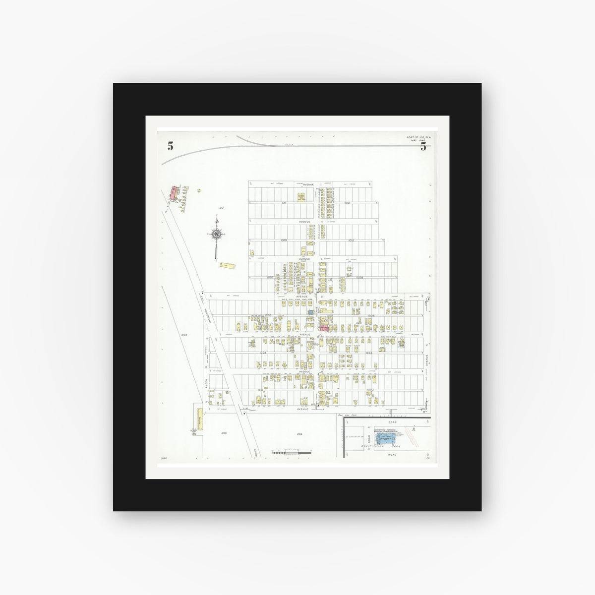 Old map wall art mockup — black gallery frame with white mat — Sanborn Fire Insurance Map from Port Saint Joe, Gulf County, Florida (1940), Sheet #0005