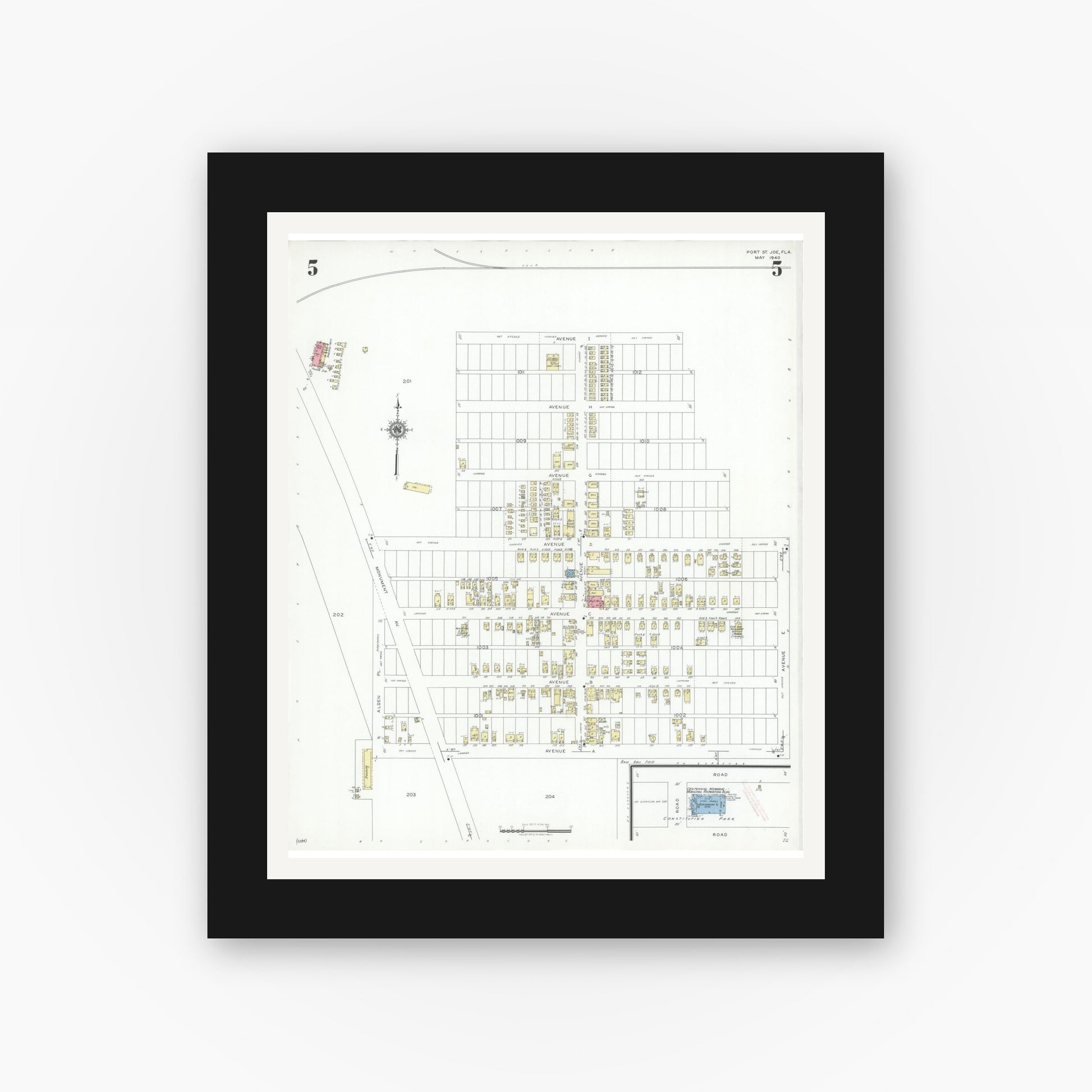 Old map wall art mockup — black gallery frame with white mat — Sanborn Fire Insurance Map from Port Saint Joe, Gulf County, Florida (1940), Sheet #0005