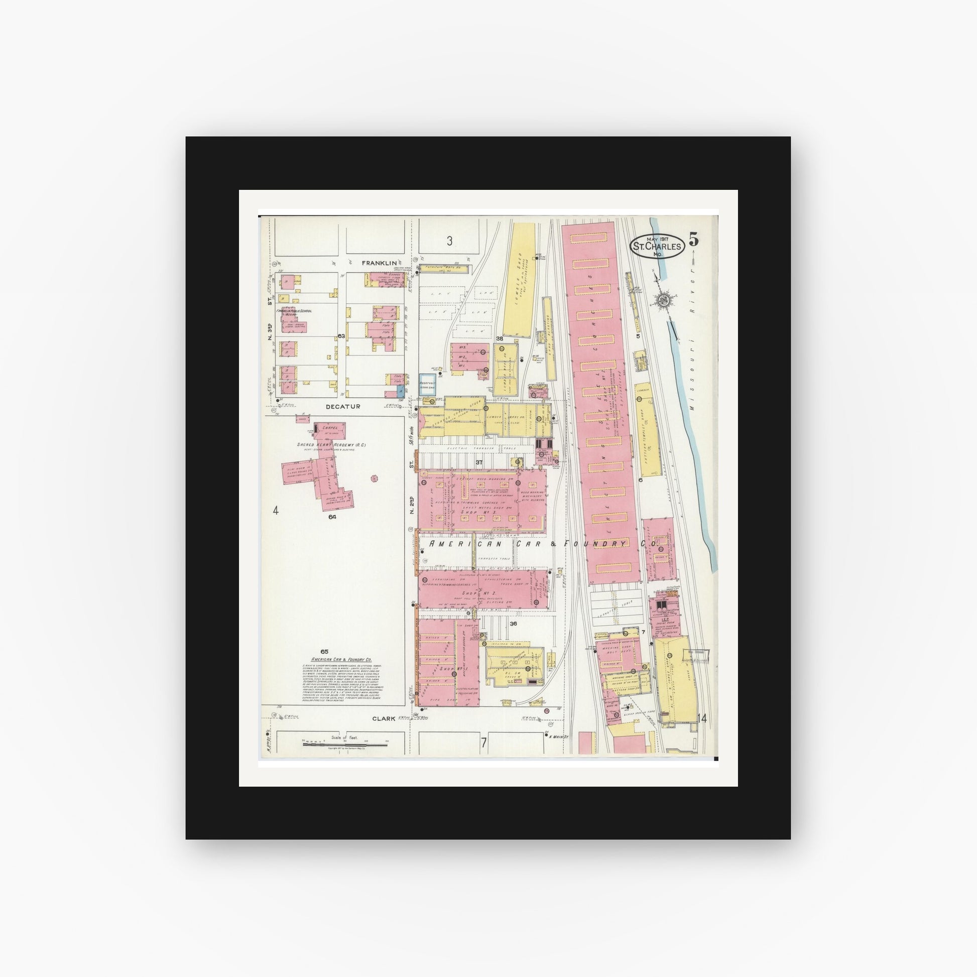 Old map wall art mockup — black gallery frame with white mat — Sanborn Fire Insurance Map from Saint Charles, Saint Charles County, Missouri (1917), Sheet #0005