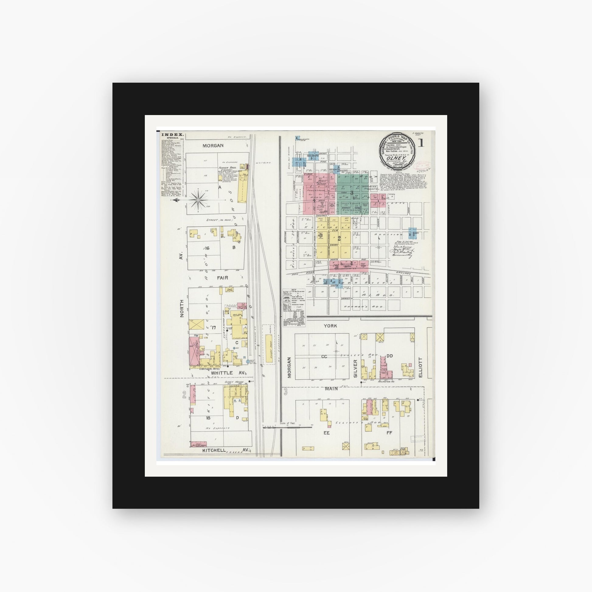 Old map wall art mockup — black gallery frame with white mat — Sanborn Fire Insurance Map from Olney, Richland County, Illinois (1892) - Complete Map Set