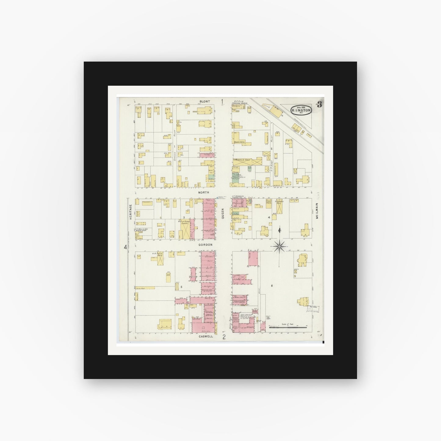 Old map wall art mockup — black gallery frame with white mat — Sanborn Fire Insurance Map from Kinston, Lenoir County, North Carolina (1896), Sheet #0003