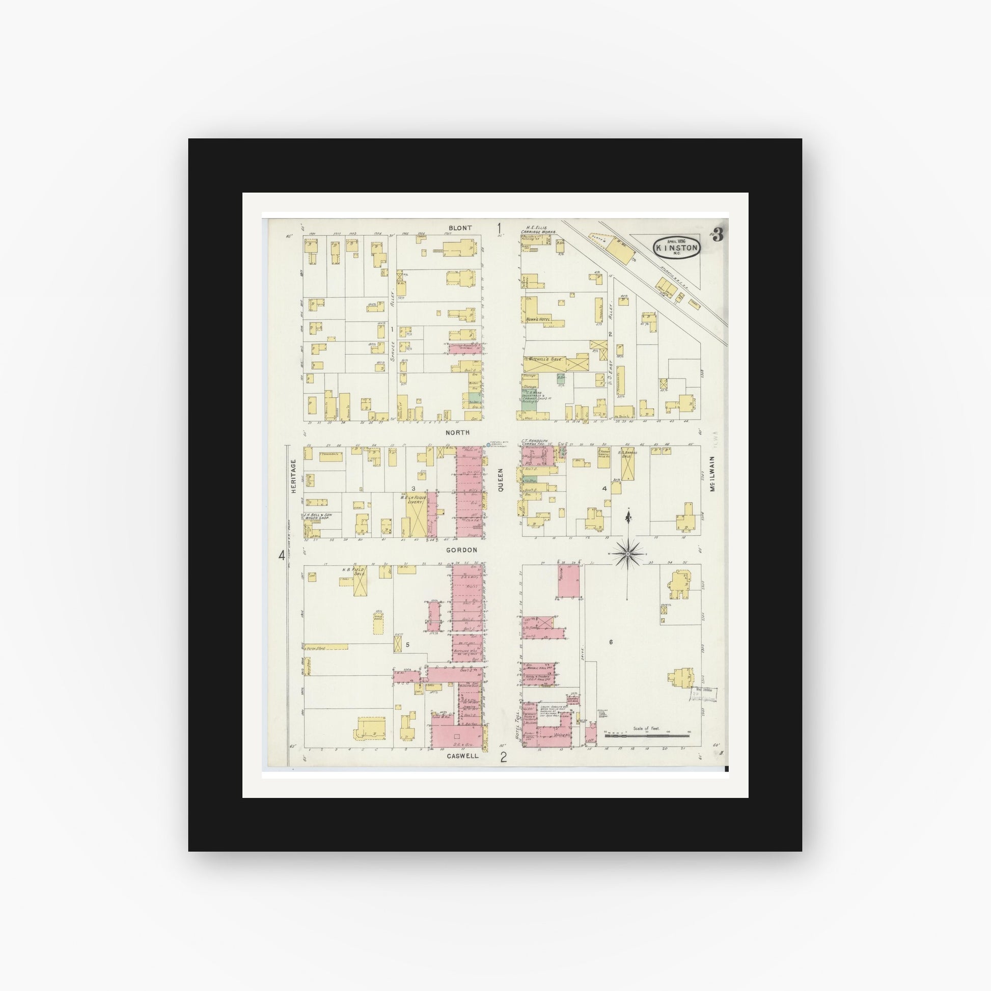 Old map wall art mockup — black gallery frame with white mat — Sanborn Fire Insurance Map from Kinston, Lenoir County, North Carolina (1896), Sheet #0003