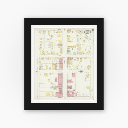 Old map wall art mockup — black gallery frame with white mat — Sanborn Fire Insurance Map from Kinston, Lenoir County, North Carolina (1896), Sheet #0003